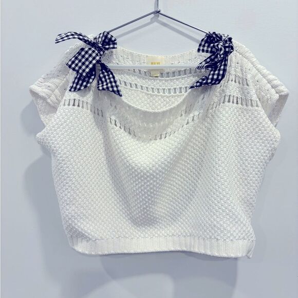 Anthropologie Maeve Gingham Ribbon Sleeve Sweater Small - Picture 6 of 10